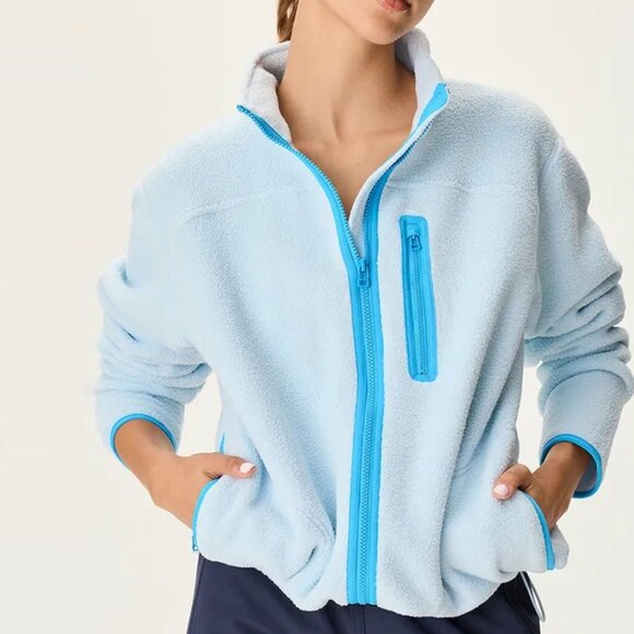 Outdoor Voices Fleece Jacket Womens XL Light Blue Full Zip Mock Neck Collared - Picture 1 of 9